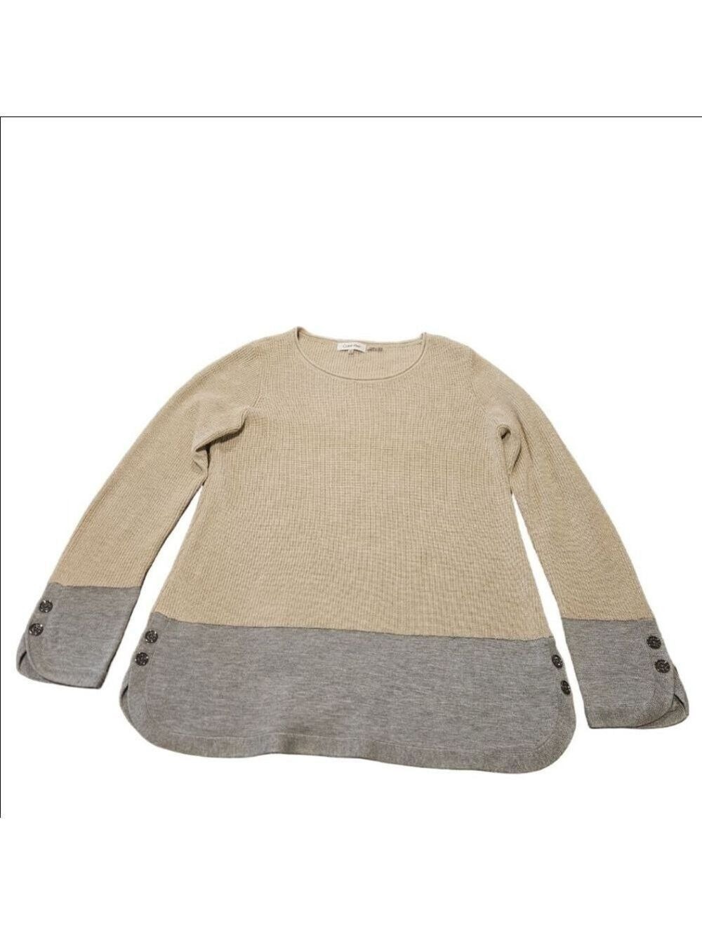 Women's Calvin Klein Beige Gray Round Neck Knit Pullover Sweater Small